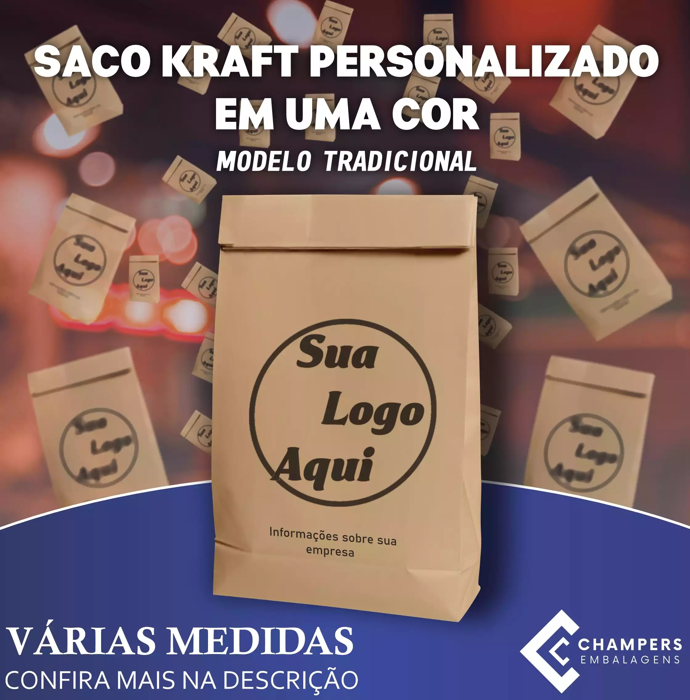 3.000un Saco Kraft chapa 16x10x26 Personalizado Tradicional em 1 cor (para 3kg aproximadamente)