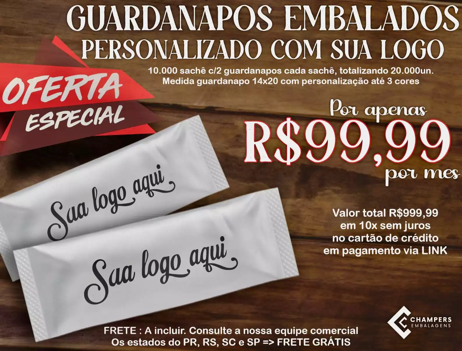10.000un GUARDANAPOS EMBALADOS PERSONALIZADOS COM SUA LOGO E ARTE