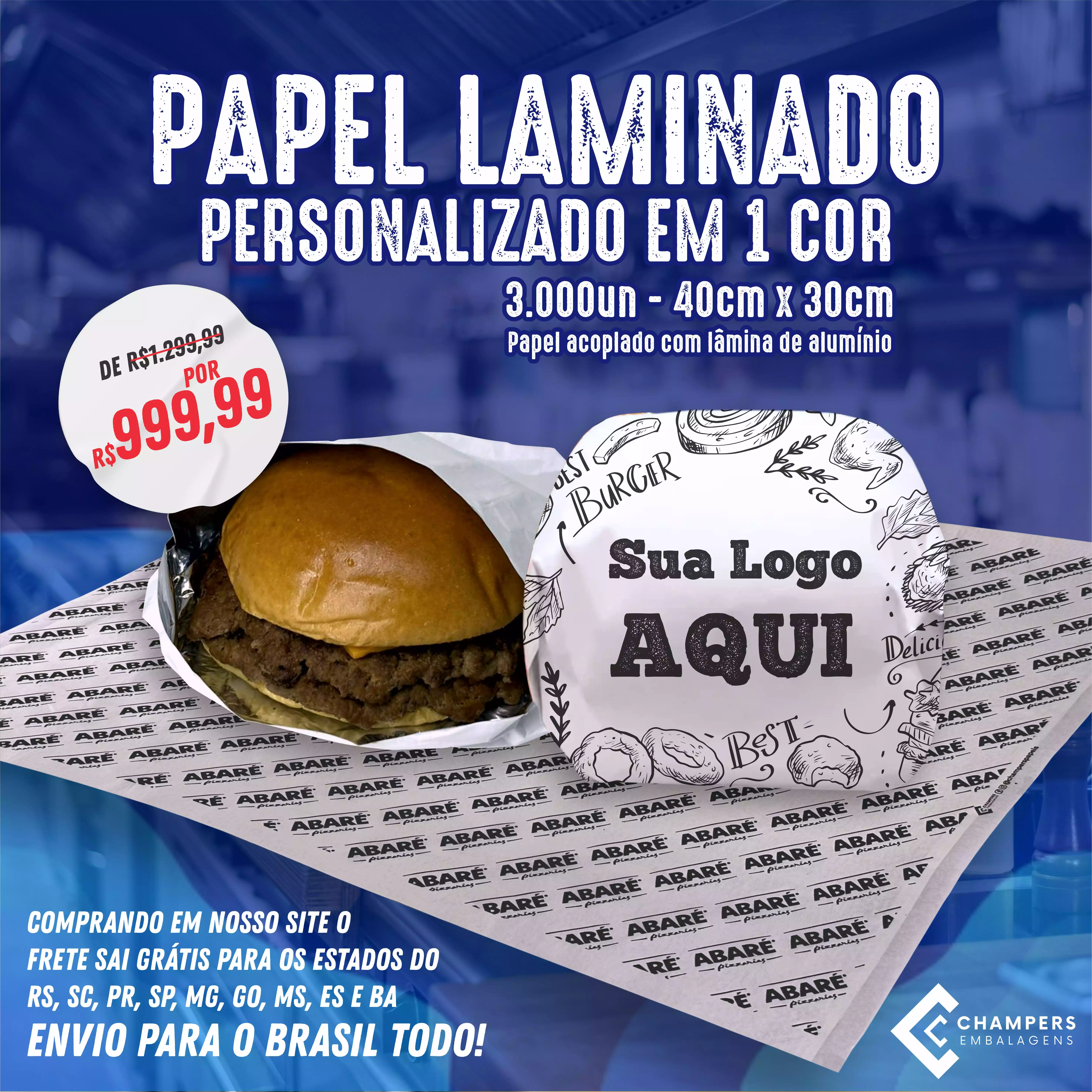 3.000 PAPEL DE EMBRULHO LAMINADO 40X30 PERSONALIZADO EM 1 COR