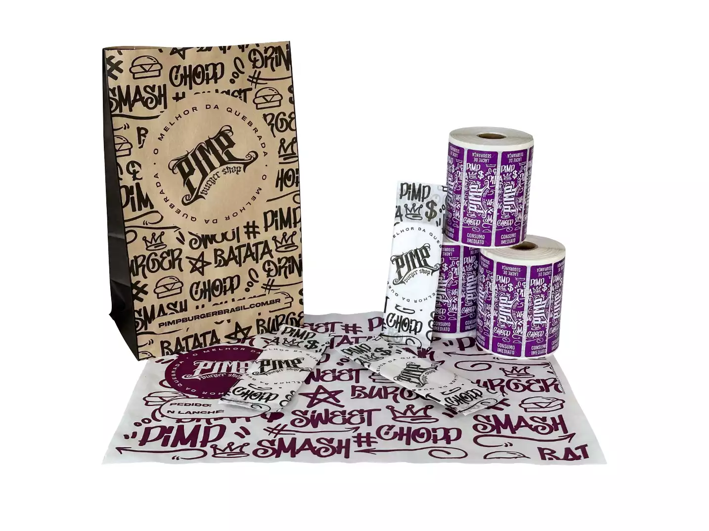 Kit Delivery Embalagens Personalizadas com 3.000un. (GUARDANAPOS + LACRES + PAPEL DE EMBRULHO + SACO KRAFT)